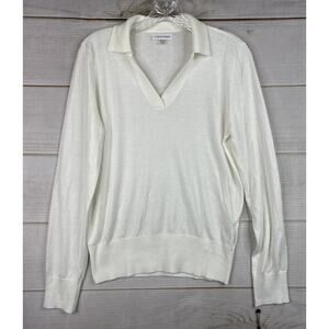 Calvin Klein Sweater Womens M Ivory Collared V Neck Pullover Lightweight NWT